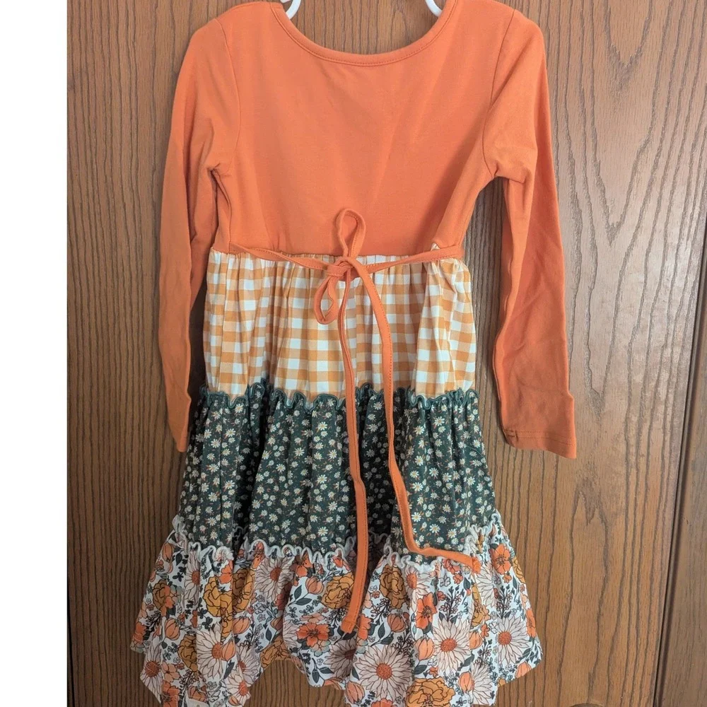 Cheeky Plum Orange Floral Gingham Tiered 3/4 Sleeve Henley Dress Fall-Girls 5T